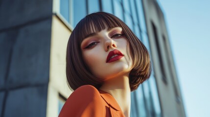 Obraz premium A stylish portrait of a woman with a chic bob haircut, wearing bold makeup and a fashionable outfit, set against a modern urban backdrop, exuding confidence.