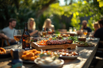Group of people having barbecue party in the backyard, friends and family enjoying the food and company outdoors