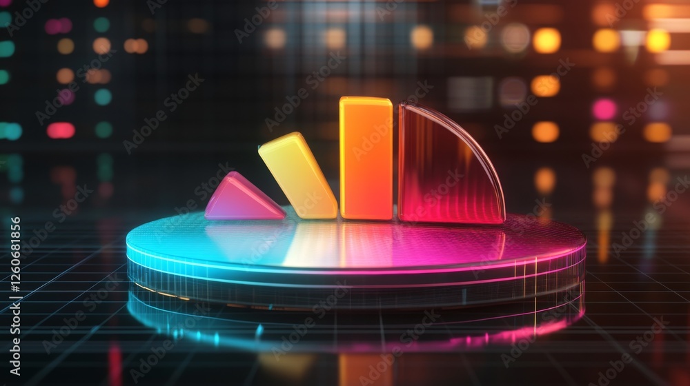 Leinwandbilder a transparent d pie chart with sleek, colorful sections rising from a reflective platform, showcasin