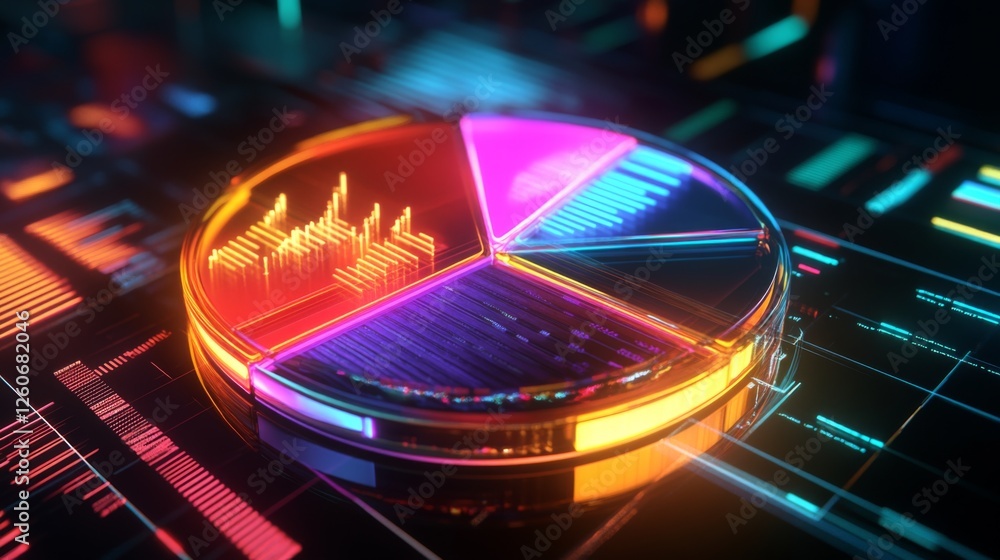 Poster a vibrant d pie chart with glass-like translucent sections, illuminated from below, each segment lab