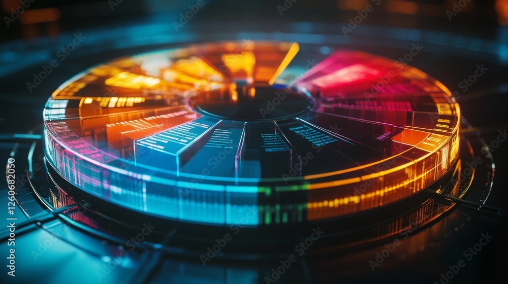 Fototapete a vibrant d pie chart with glass-like translucent sections, illuminated from below, each segment lab