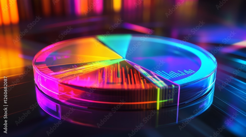 Leinwandbilder A vibrant D pie chart with glass-like translucent sections, illuminated from below, each segment labeled with financial data in a futuristic setting.
