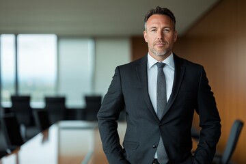 Caucasian male executive in formal suit standing in modern boardroom