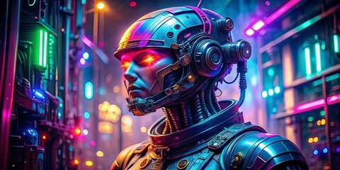 Futuristic Cyborg Robot Neon Cyberpunk Helmet - Blue Pink Purple Surreal Photography