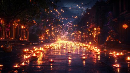 A peaceful scene of a Diwali evening, with lights and diyas illuminating a quiet street 