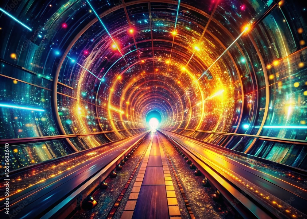 Poster futuristic digital tunnel: aerial view of light and code streams
