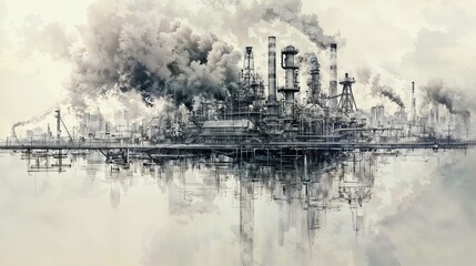 Obraz premium Industrial sketch of cityscape with smoke and reflections in water, dark tones, copy space