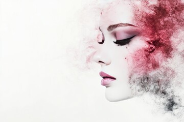 Woman's profile, painted makeup, powder explosion, studio shot