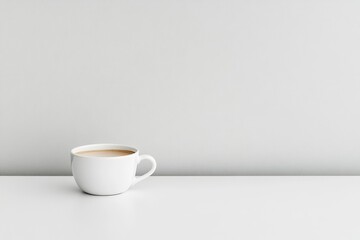 Obraz premium Minimalist white cup of coffee on clean white surface