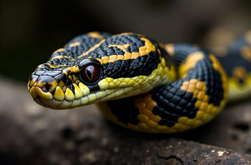 Fototapeta premium Portrait of a snake in close-up. Blurred background, selective focus.