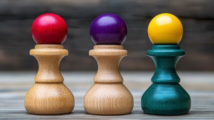 Three colorful spheres atop wooden chess pieces, arranged in a row on a rustic wooden surface. The spheres are vibrant red, purple, and yellow