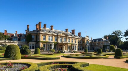 Obraz premium An elegant manor house surrounded by beautifully landscaped gardens under a clear blue sky