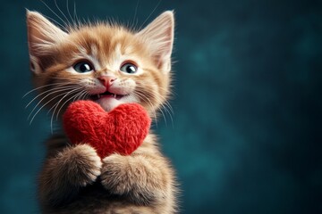 Ad campaign visual idea. Havana brown - my cherished cat. Cute havana brown feline infant with fluffy red heart - emblem of love, funny greeting card. Valentine kitten with flowers. Fluffy cat.