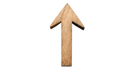 Wooden up arrow sign pointing upwards on transparent background