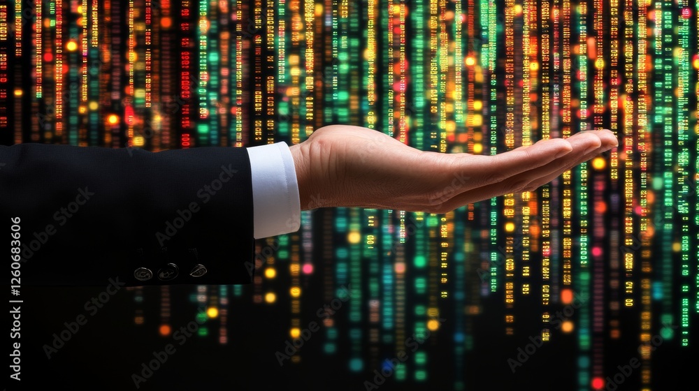 Poster businessman holding microchip over digital data and binary code background