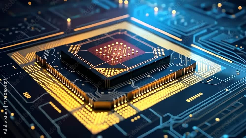 Poster close-up, angled view of a glowing microchip on a circuit board, highlighting technology and innovat