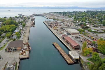 Obraz premium Aerial View of Busy Industrial Shipping Yard with Copy Space