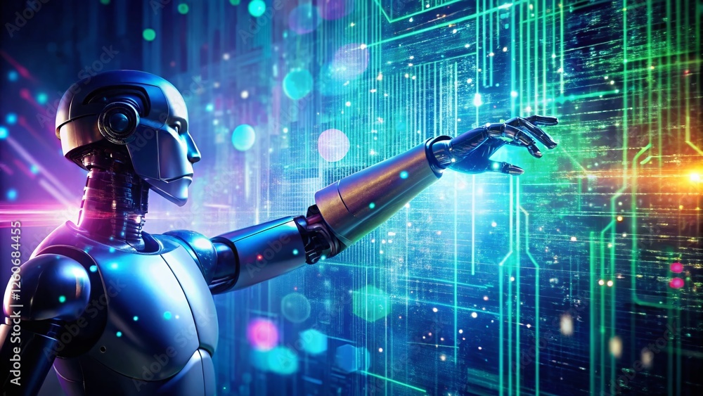 Poster futuristic robotic process automation: double exposure of circuitry and robotic arm