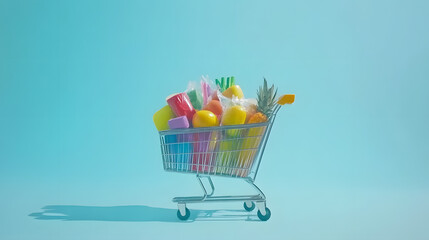 A shopping cart filled with colorful grocery items against a blue background.