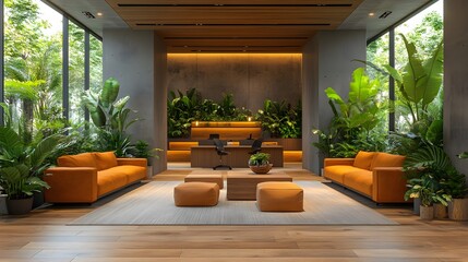 Biophilic hybrid office with indoor plants, wooden textures, and sustainable elements