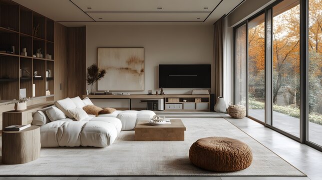 Minimalist workspace featuring neutral tones, sleek desks, and natural materials