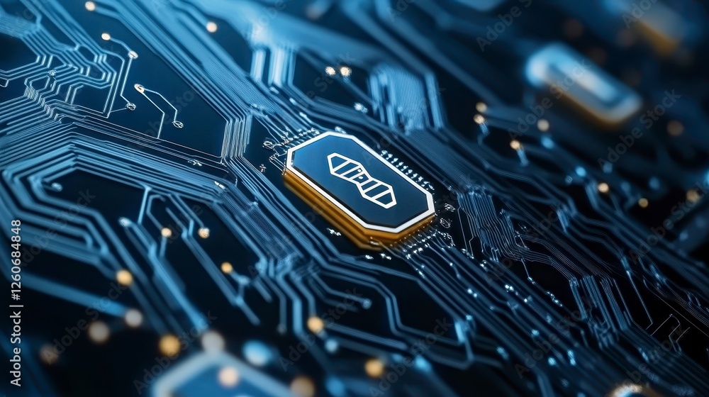 Poster close up view of a circuit board with a golden highlighted chip featuring a complex, detailed icon. 