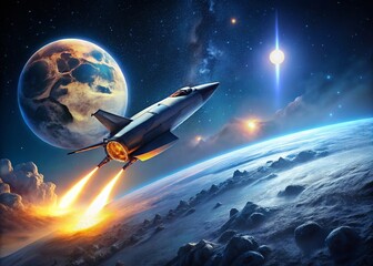 Obraz premium Futuristic Spaceship Soaring Over Lunar Crater, Dramatic Night Scene