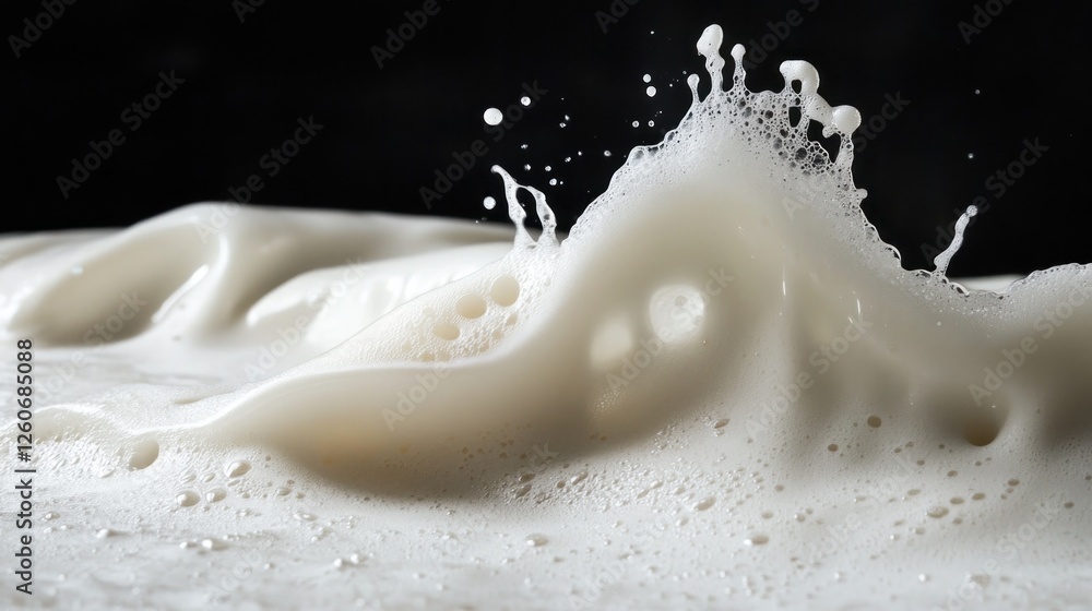 Poster close-up of creamy milk splashing against a dark background, creating dynamic textures and patterns