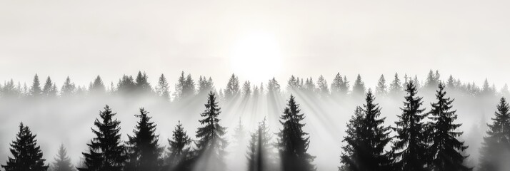 Misty Pine Forest with Sun Rays: Black and White Landscape