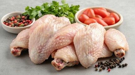 Fresh Chicken Wings with Vegetables and Spices on Grey Background