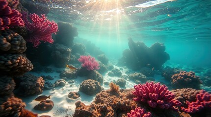Obraz premium Underwater scene featuring vibrant coral reefs illuminated by sunlight, with azure water and colorful marine life