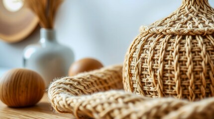 Obraz premium A knitted object sits on a table next to a vase and a few other objects. The knitted object is a small, round, brown object with a pattern on it. The table is made of wood