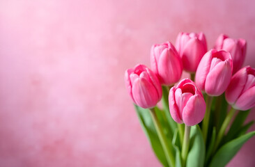 Beautiful bouquet of tulip flowers  on pink background. Greeting for International Women's Day on March 8th. Selective focus, blurred background.