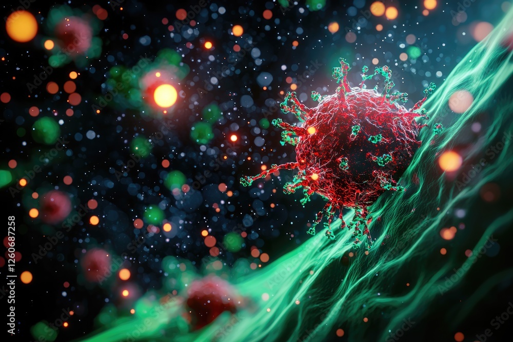 Aufkleber dynamic visualization of viral cells interacting with host cells microbial environment digital illus