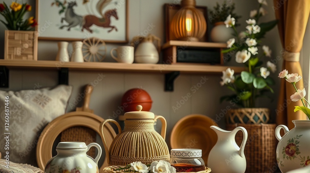 Aufkleber a table is filled with various items such as a vase, a pitcher, and a teapot. there are also several