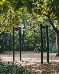 Fototapeta premium Outdoor pull-up bar in a park surrounded by green trees