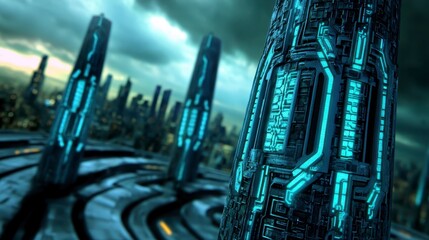 Futuristic cityscapes with towering cylindrical structures, intricate teal blue patterns, and a dramatic cloudy sky. Dark teal and gray colors