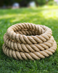 Fototapeta premium Coiled natural fiber rope on green grass outdoors