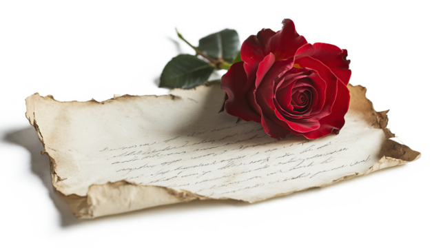 Old worn paper with red rose flowers isolated on transparent background