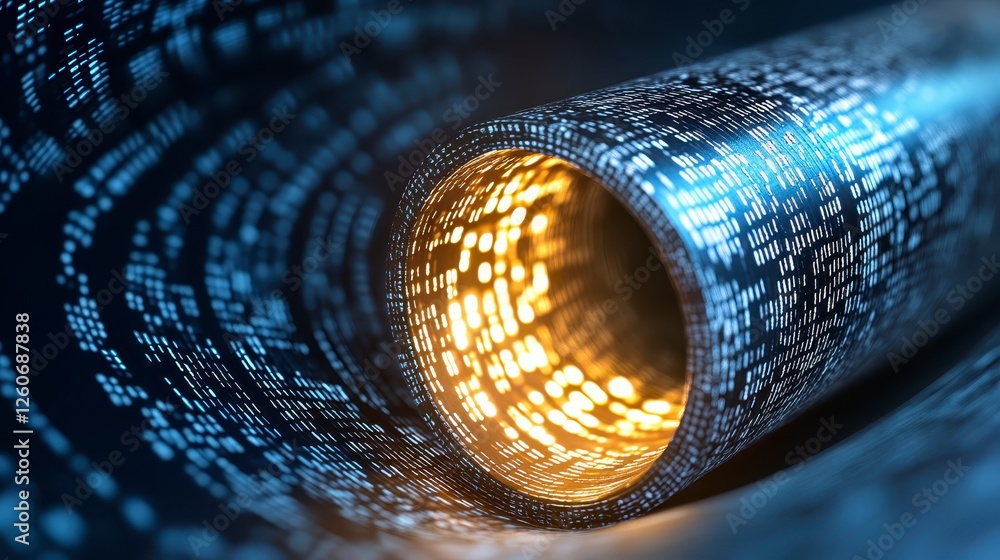 Poster close up view of a glowing, tubular structure with intricate patterns. the cylinder is metallic and 