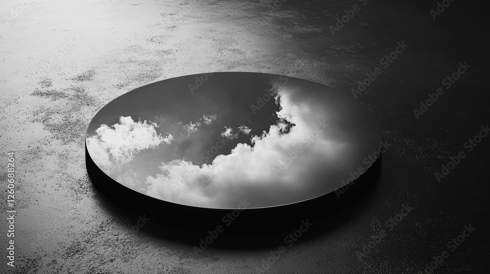 Poster sky reflection on circular platform - black circular platform reflecting a cloudy sky, minimalist de