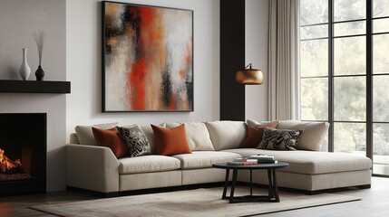 A contemporary living room with a sectional sofa, abstract art, and a fireplace.