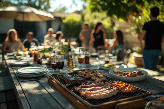 Group of people having barbecue party in the backyard, friends and family enjoying the food and company outdoors