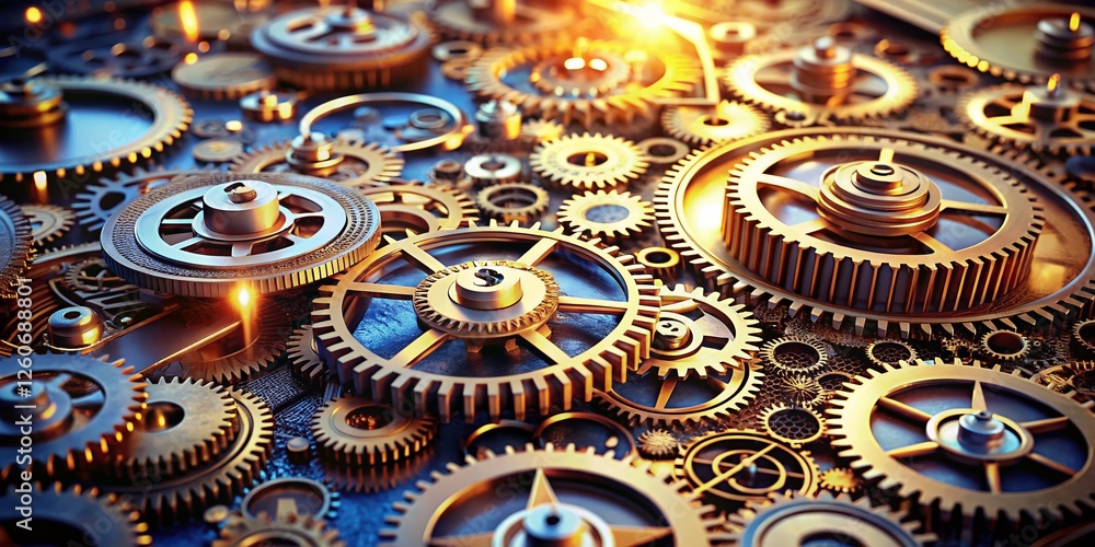 Poster global finance synchronization: interconnected gears & cogs aerial view