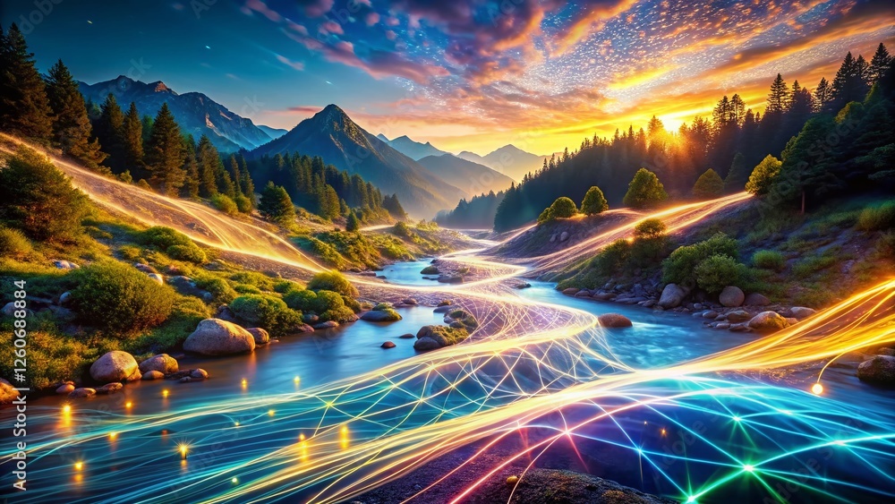 Poster global network: futuristic landscape of interconnected data streams