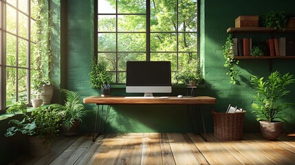 Fototapeta premium Wellness-focused home office with an ergonomic desk, soft greenery, and bright natural light