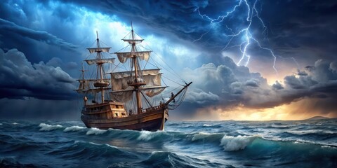 Fototapeta premium Old ship in a thunderstorm, navy blue ocean, old wooden ship, navy blue ocean
