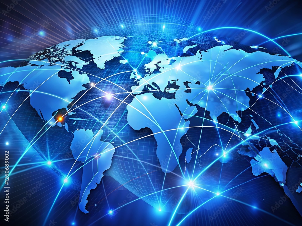 Poster global network connection: abstract blue lines on world map - stock photo