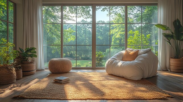 Cozy reading space with large windows, a comfortable chair, and soft natural light