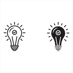 Black bulb checkmark icon. Like quick tip line icon. Bulb icon for expert, genius, idea, innovation, light bulb, mark, creative, positive, simplicity, smart, solution.

